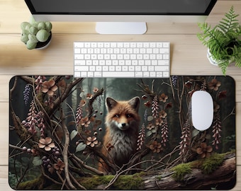 Skrivbordsmatta från Woodland Fox - Musmatta från Forest Fox | Stor spelmatta | Naturlig kontorsmatta | Rustik arbetsyta