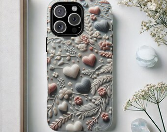 Valentine Embroidery Heart Phone Case - Floral Aesthetic | iPhone, Samsung Galaxy, Google Pixel | Tough, Slim, MagSafe
