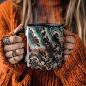 Ocean Wave Rock Formation Coffee Mug, Coastal Beach Ceramic Mug, Faux Wood & Resin, Coastal Coffee Lover Gift, Dishwasher and Microwave Safe