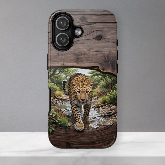 Leopard Phone Case - Faux Walnut Wood Safari Design, Big Cat Wildlife Case, iPhone 18 17 16, Samsung S26 S25, Pixel 9