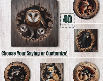 Personalized Woodland Animal Ceramic Coaster: Rustic Faux Wood Wildlife Drinkware, Custom Nature-Inspired Home Décor (Sold Individually)
