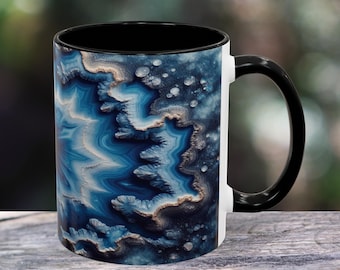 Tazza in ceramica con geode di agata blu, 325 ml e 440 ml, 5 colori, design astratto unico con cristalli, regalo perfetto per gli amanti del caffè e delle pietre preziose.