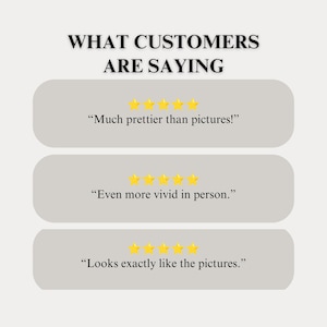 Może przedstawiać: Grafika z nagł&oacute;wkiem WHAT CUSTOMERS ARE SAYING przedstawiająca trzy rzędy po pięć ż&oacute;łtych gwiazdek nad opiniami klient&oacute;w. Tekst brzmi: Much prettier than pictures!, Even more vivid in person., oraz Looks exactly like the pictures.