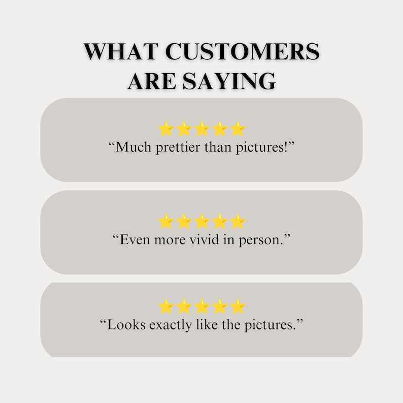 Może przedstawiać: Grafika z nagł&oacute;wkiem WHAT CUSTOMERS ARE SAYING przedstawiająca trzy rzędy po pięć ż&oacute;łtych gwiazdek nad opiniami klient&oacute;w. Tekst brzmi: Much prettier than pictures!, Even more vivid in person., oraz Looks exactly like the pictures.