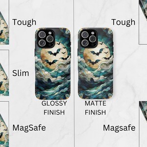 May include: Phone cases with a Halloween theme. The cases feature a full moon with bats flying in front of it, set against a backdrop of swirling blue and green clouds. The cases are available in glossy and matte finishes, and are MagSafe compatible.