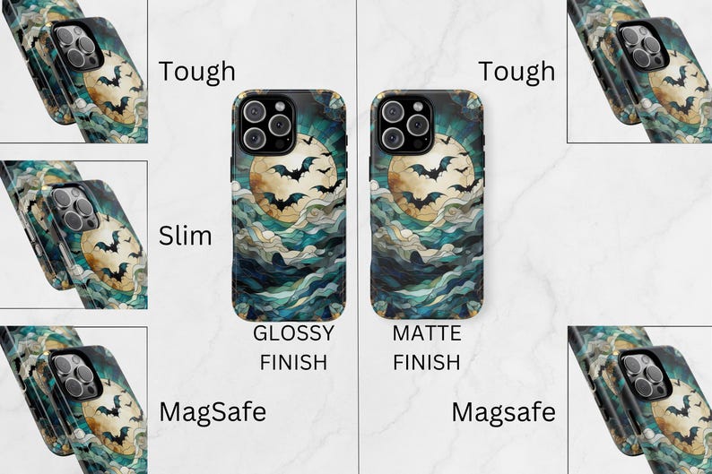 May include: Phone cases with a Halloween theme. The cases feature a full moon with bats flying in front of it, set against a backdrop of swirling blue and green clouds. The cases are available in glossy and matte finishes, and are MagSafe compatible.