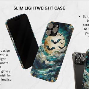 May include: A slim, lightweight phone case with a glossy finish. The case features a design of a full moon with bats against a blue and green background. The case is suitable for light bumps and scratches.
