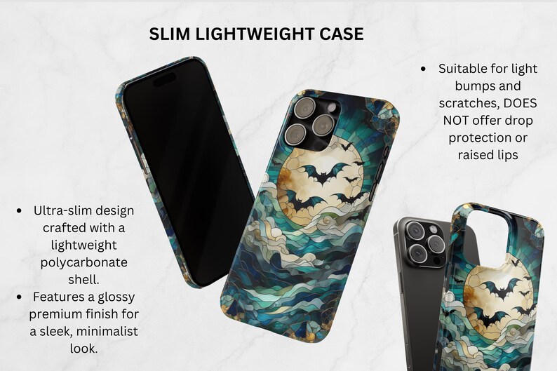 May include: A slim, lightweight phone case with a glossy finish. The case features a design of a full moon with bats against a blue and green background. The case is suitable for light bumps and scratches.