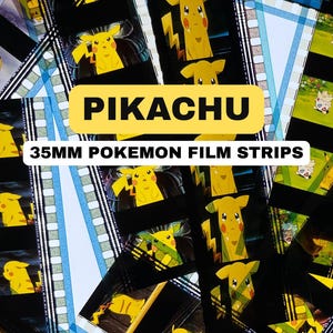 May include: 35mm film strips featuring Pikachu from the Pokemon series. The image shows multiple strips with yellow Pikachu characters and the text "PIKACHU 35MM POKEMON FILM STRIPS" in a yellow banner. The background has a blue and white pattern.