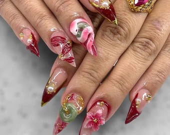 3D Lotus & Pink Snake Press On Nails, Long Stiletto Nails, Spring Nail Art, Trendy Asian Nails, Artistic Fake Nails for Party, New Year Nail
