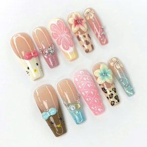 Cute Long Coffin Summer Press On Nails, Pastel Press-On Nails with Fruit, Flower, Cheetah, Valentine&#39;s Day Nails, Party Nails, Holiday Nails