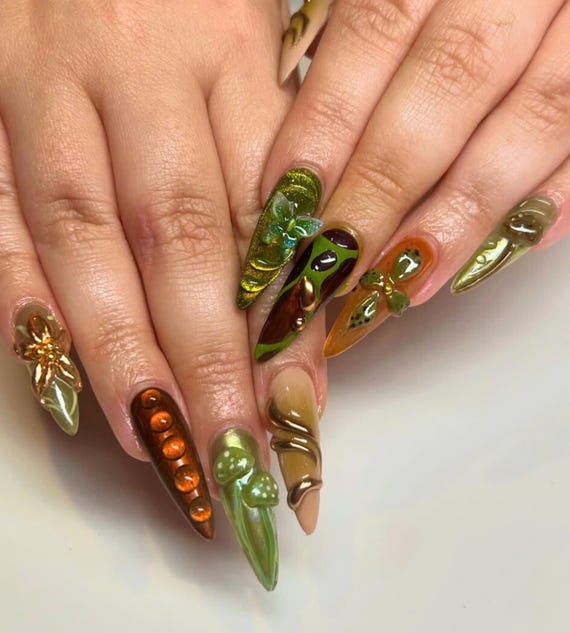 Watermelon Mushroom Press on Nail, Crystal Long Stiletto Nail