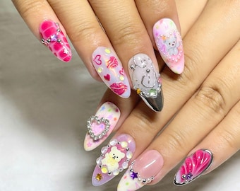 Kawaii 3D Teddy Bear Press On Nails, Pink Cute Charm Nails, Handmade Glitter Star Nails, Almond Fake Nails for Women & Teens, Valentine Nail