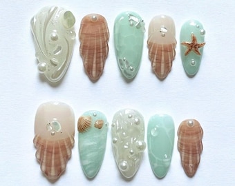 Custom Blue Almond Nail Set, Summer Inspired Press On Nails with Seashell, Pearls, Starfish, Ocean Nail Art for Holiday, Beach Nail, Gifts.