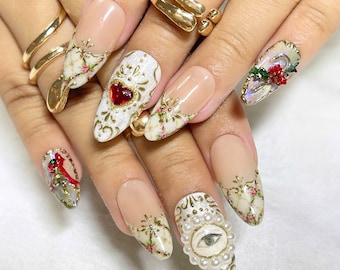 Uñas postizas barrocas vintage, uñas almendradas con ojo de perla, corazón rojo 3D, juego de uñas ornamentadas, uñas únicas de estilo antiguo para amantes de los regalos.
