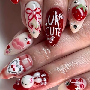 Almond Nail Set with Heart, Miffy, Bow, Lip, Sweet Valentine Press On Nails, Love-Themed Nail, Valentine Nail, Romantic Party Nail, Red Nail