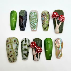 Conjunto de unhas de cogumelo 3D, unhas de pressão personalizadas, unhas pintadas à mão, unhas de primavera, unhas de casamento, unhas 3D, unhas de conto de fadas, unhas de acrílico, unhas postiças