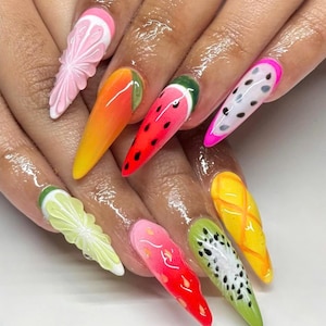 Fruit Garden Press On Nails, Colorful Nails, Virbrant Long Nail Set For Spring-Summer, Colorful Nail, Unique Nail, Custom Fake Acrylic Nails