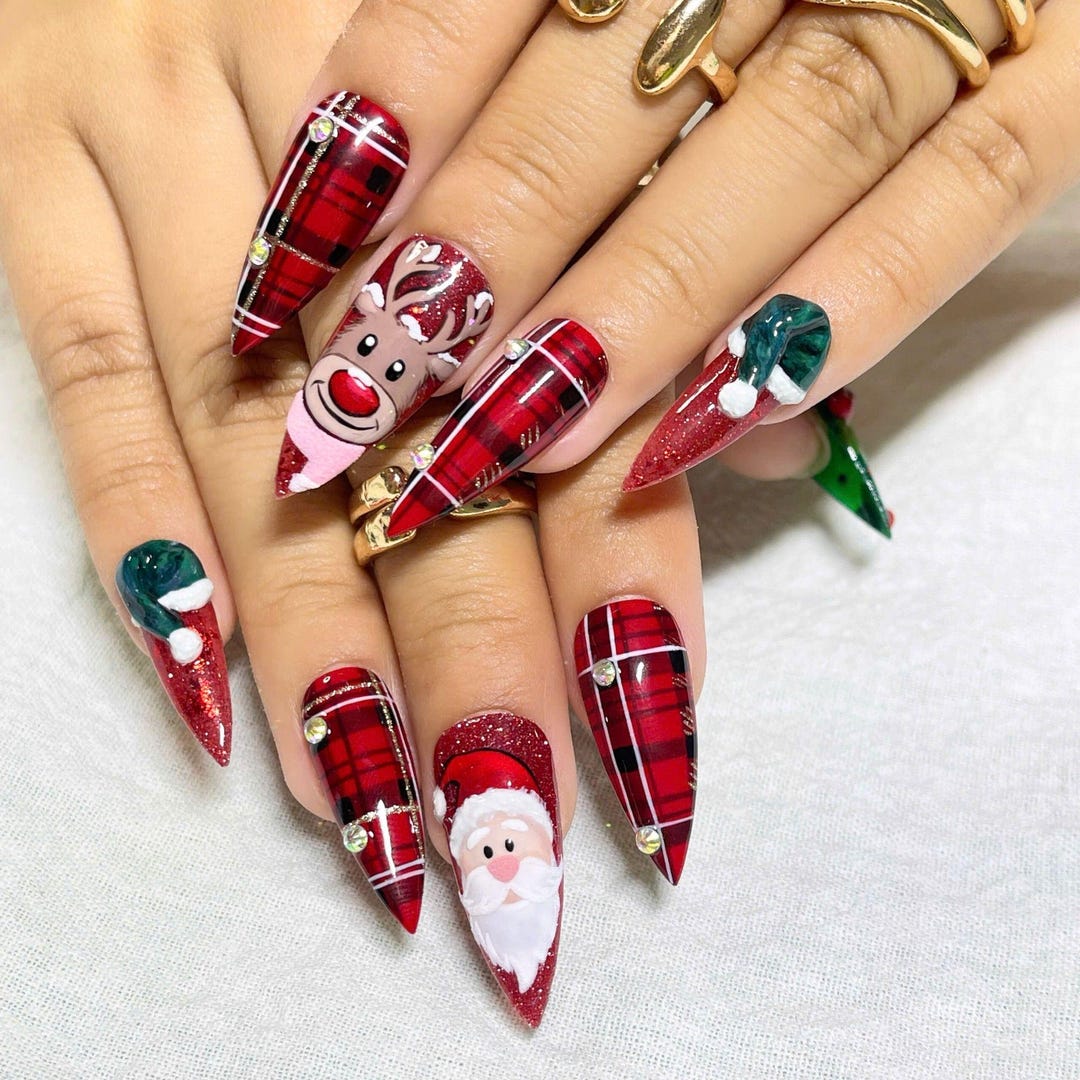 クリスマスネイル(Christmas nail tips) Christmas Press on Nails, Long Stiletto Nail With Santa, Reindeer