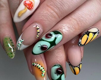 Handmade Artistic Mushroom & Insects Press On Nails, Spring Nail, 3D Nail Art, 3D Gel Fairycore Fake Nails, Dreamy Nails for Party, Holiday