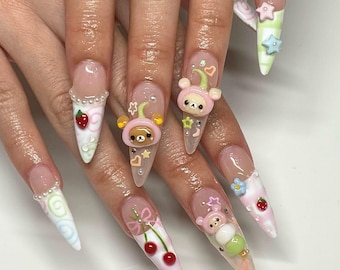Cute Fruit Party Press On Nails, Free Style 3D Fruit Stiletto Nail Press On, Custom Fake Nail, Unique Nail for Birthday, Event, Summer Nails