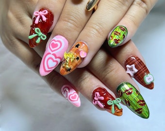 Valentine Press On Nails, Unique Hearts, Bows & Kiss Print Nail Set, Kawaii Love Letter Nails, Hand Painted Romantic Nails, Trendy Nails