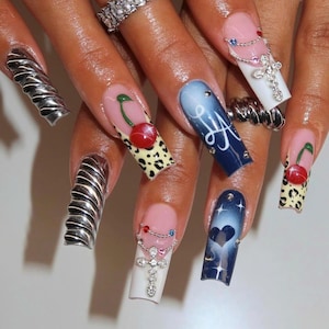 I Love LA Press On Nails, Luxury Nail Art with LA, Cherry and Cat Eye , Custom Vegas Style Nail Set, Handcrafted Nail Art, Heart Nails, Gift