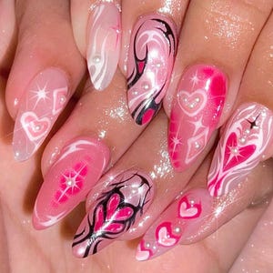 Handmade Abstract Heart Press On Nails, Almond Nail Set, Romantic Valentine, Valentine Nail Art, Heart Nail, Custom Fake Nail, Gift for her.
