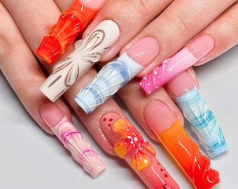 Vibrant Beach 3D Press On Nails, Dreamy Summer Nails, Summer-Inspired Designs with Flowers, Seashells, and Starfish, Handmade Press On Nails