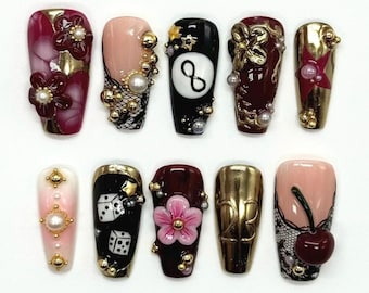 Customization Birthday Age Number Press On Nails, Custom Age Numbers Coffin Nail, Dice, Billiard on Fake Nails Gold Metallic, Red Party Nail