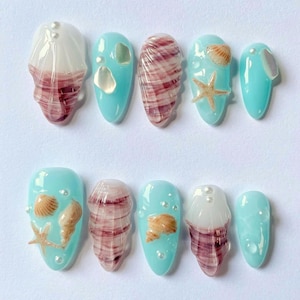 Summer Inspired Press On Nails with Snail, Seashell, Pearls, Starfish, Handmade Blue Almond Nail Set, Ocean Nail Art for Holiday, Party Nail