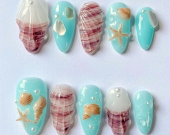 Summer Inspired Press On Nails with Snail, Seashell, Pearls, Starfish, Handmade Blue Almond Nail Set, Ocean Nail Art for Holiday, Party Nail