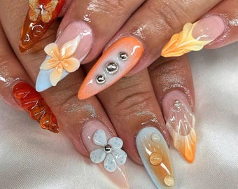 Arte de uñas de verano vibrante, uñas postizas con flores de colores, diseños florales pintados a mano, uñas de moda hechas a mano, uñas personalizadas, uñas con puntas francesas.