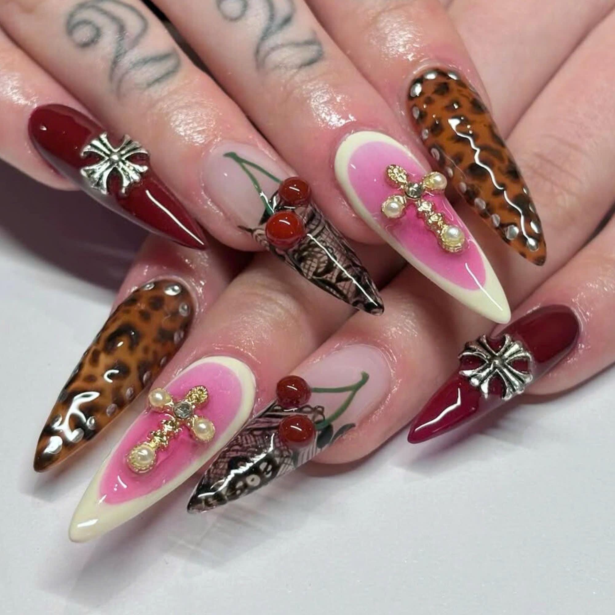 Handmade Fall Press on Nails, Long Stiletto Nail Set With Leopard