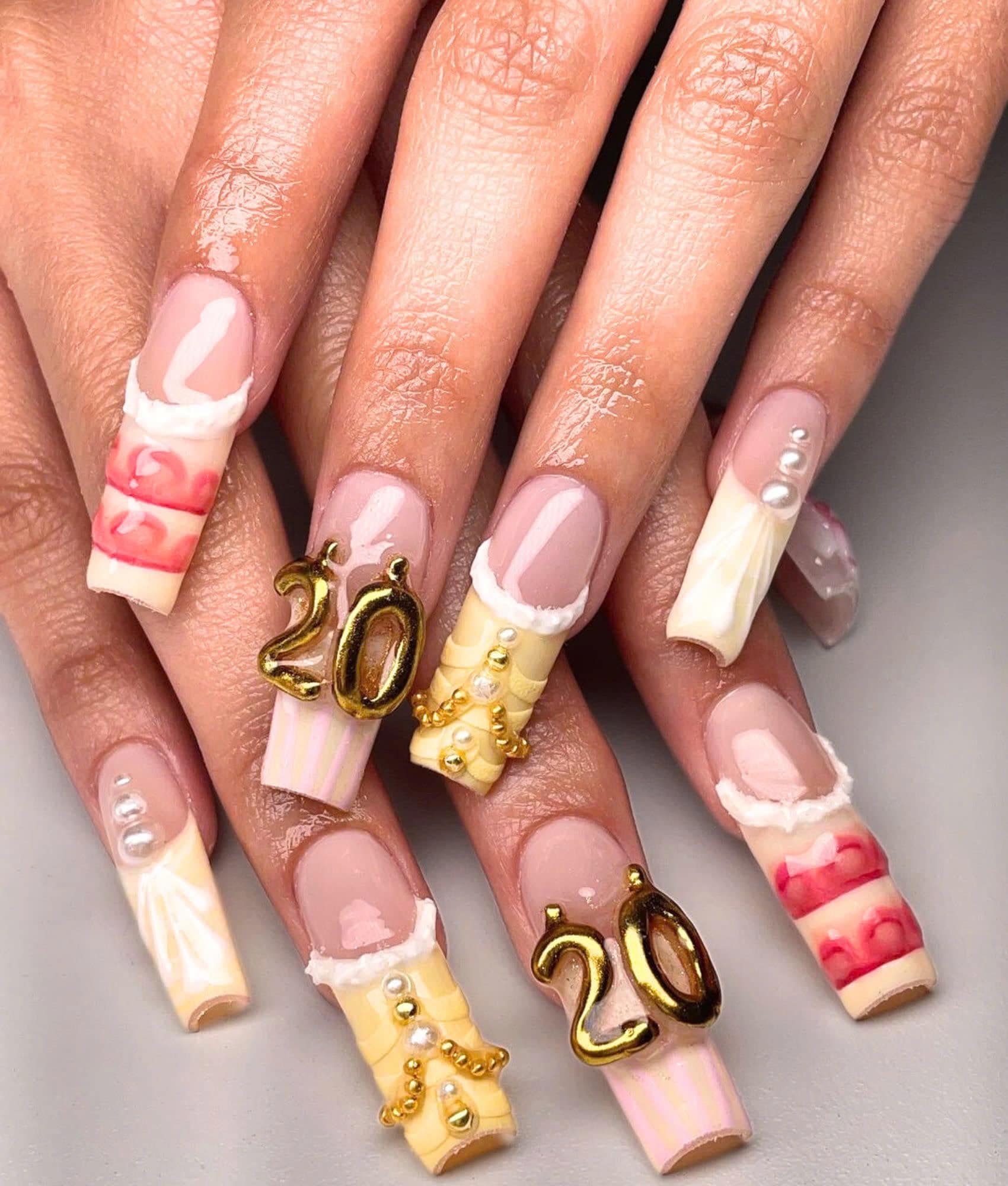 Custom Birthday Age Press On Nail, Long Square Birthday Nails with Flower, Cake, French Tips, Birthday Nails, Reusable Nails, Custom Nails.