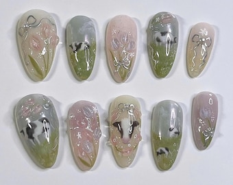 Handcrafted Cheerful Cows Press On Nails, Unique Almond Nail set, Nature-inspired Nail Art with Flower, Bows for a charming, playful look.