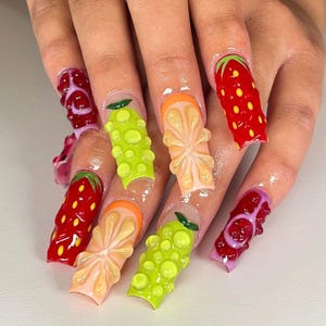 Tropical 3D Fruit Nail Set, Free Style Summer Fruit Square Nail Press On, Handmade Fake Nail, Unique Nail for Birthday, Event, Summer Nails.