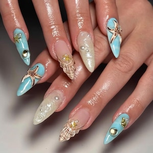 Beach Ocean Shell Starfish Press On Nails, Handmade 3D Mermaid Nail Art with Pearls & Seashells, Summer Vacation Coastal Long Almond Nails