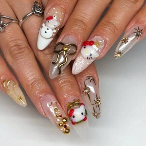 Custom Long Stiletto Nail Set with Cute Miffy, Gold Bows, Crystal Nails, Trendy Nails, Kawaii Press Ons, Kitty Nails, Christmas Nails, Gifts