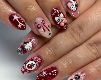 Red, Cherry and Heart in Red & Pink Almond Press On Nails, Valentine Nail Cute, Fake Nails, Gel Nail Art, False Nails, Glue on Nail, Gift