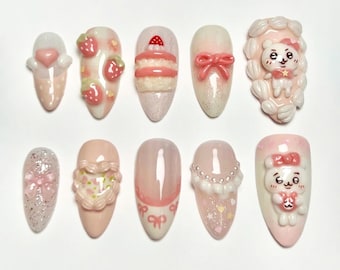 Custom Birthday Almond Press on nails, Unique Birthday Nails, Colorful and Fun Nail Art Designs with Sweet Cake, Chiikawa Character, Gift