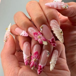 3D Floral Press On Nails, Handmade Pink White Stiletto Nails with Rhinestones, Spring Long Fake Nails, Custom Nail Art Set, Pretty Nails.