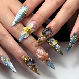 Ocean 3D Press On Nails, Handmade Mermaid Starfish Nail Art, Luxury Beach Theme Nails, Custom Sculpted Nail Set, Long Summer Nails, Gifts.