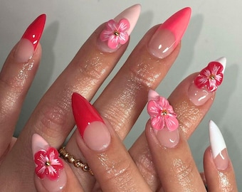 Pink Flowers Press On Nails, Stunning Floral False Nails Press On, 3D Chrome Flowers Acrylic Nails, Spring-Summer Nail Art with French Tips.