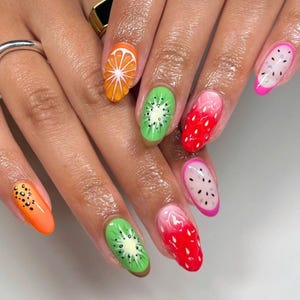 3D Tropical Fruit Press On Nail, Almond Nail Set, Summer Fake Nail Art, Fresh Look False Nail for Holiday Party, Colorful Nail, Gift for Her