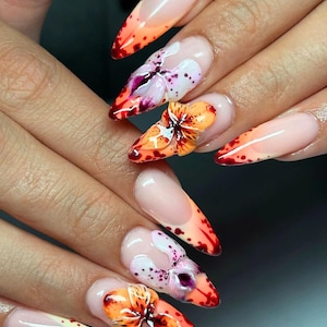 Handmade Flower Nails Press On Nails, Almond Nails With Virbrant Color, Fake Acrylic Nails, Orange Nail Set, Custom Press on Nails, Gel Nail