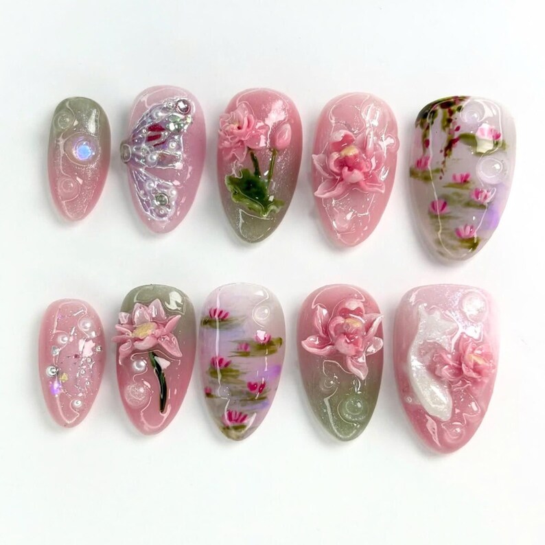 unique nail designs, bold press on nails, vibrant nail art, abstract nail, hand-painted nail, artistic press ons, custom nail art, asian press on, asian nail art, fish fake nails, press on nail fish, koi press on nails, coi fish nails, tea party nail