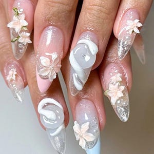 Handmade Lotus & Snake Press On Nails, Trendy Asian Nails, Long Almond Nails, Spring Nail Art, Artistic Fake Nails for Party, New Year Nails
