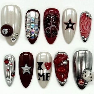 Trendy Las Vegas Press On Nails, Unique Casino Themed Almond Nails with Dice & Star Designs, Handcrafted Nail Art, Colorful Nails for Party.
