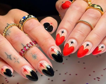 Unique Almond Nail Set With Miffy, Black Stars, Heart, Bow
